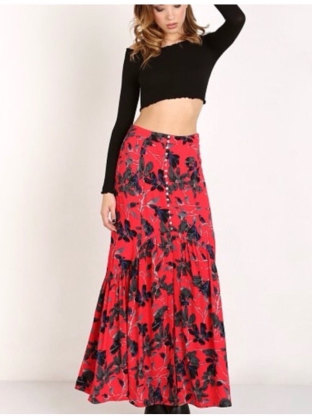 Free People Red Floral Button-Front Maxi Skirt